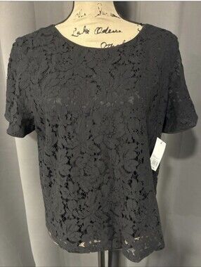 Nine West Black Lace Short-Sleeve Top Blouse NWT Medium